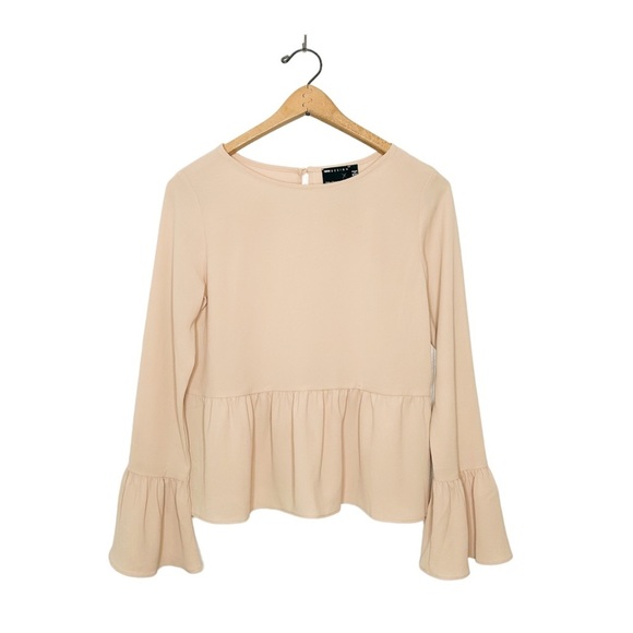 ASOS Design Lightweight Long Bell Sleeve Peplum Blouse Neutral Nude Beige 4 - Picture 1 of 8